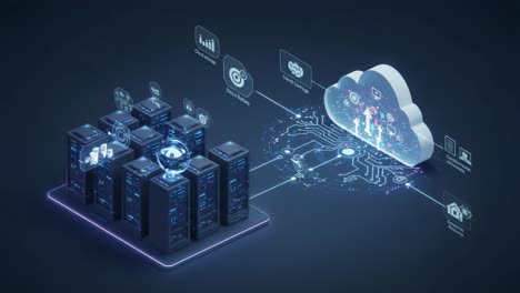 visual representation of data transfer between server infrastructure and cloud computing, showcasing network connectivity and information exchange in a digital environment