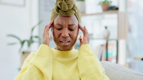 Black-woman,-headache-and-mental-health-pain