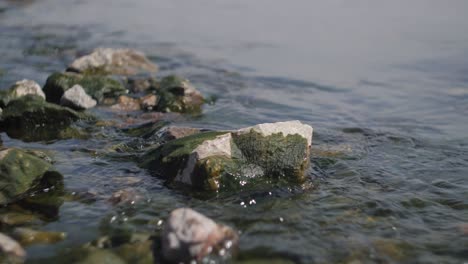 Rocks-in-a-sea-water-in-a-blurry-background-and-slow-motion-with-beautiful-bokeh