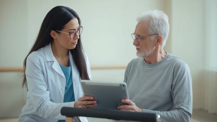 Showing tablet, clinician in lab coat guiding senior patient at rehab bar, reviewing care plan