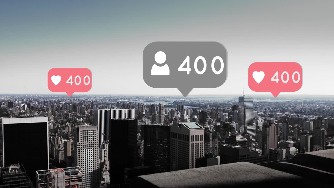 ciudad con corazones y seguidores crecientes 4k