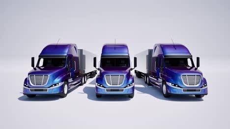 us style blue color semi-trucks with trailers on white background 3d animation camera dolly up