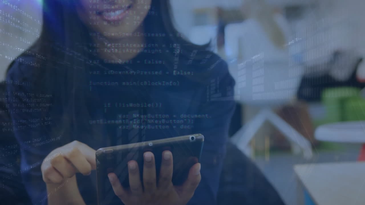 Animation of data processing over biracial businesswoman using tablet