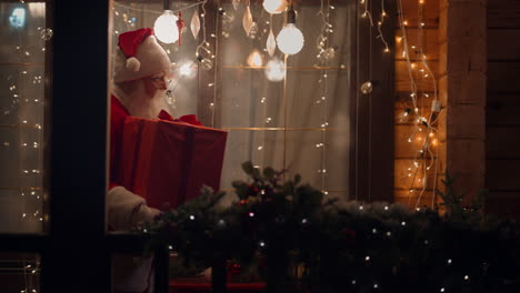 Side-view-Santa-Claus-carries-and-delivers-a-gift-in-his-hands-in-winter-on-the-street-and-comes-to-the-door-and-enters-the-house-with-garlands-and-Christmas-decorations.-A-magical-moment