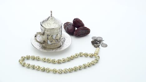 ramadan theme of arabian coffee, rosary and dates 4k video