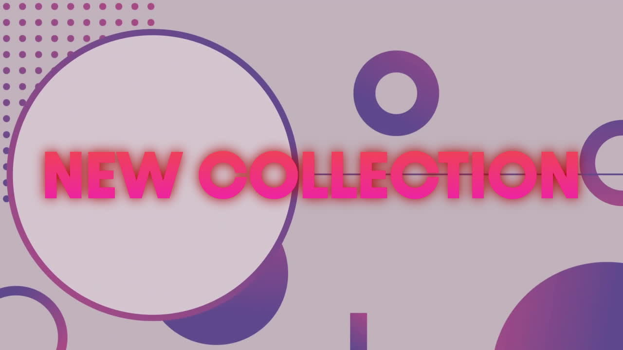 New collection text animation over abstract purple shapes on light background