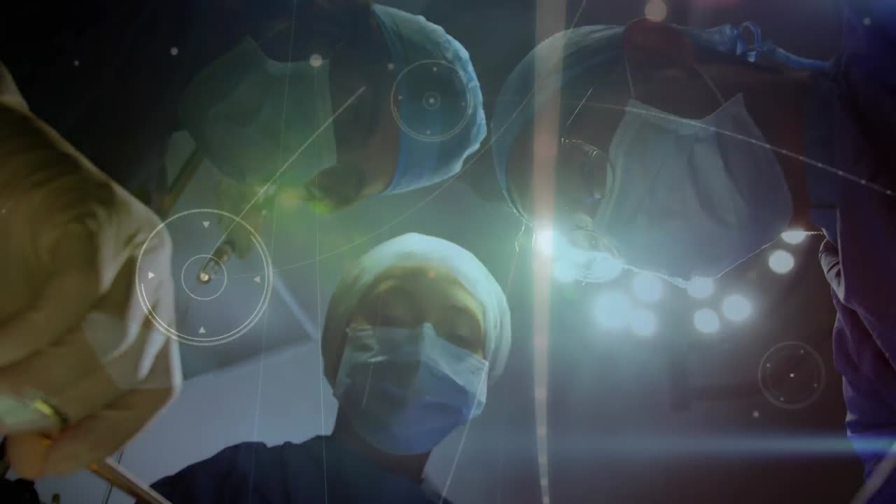 수술실의 외과 의사들 간의 연결 네트워크의 애니메이션