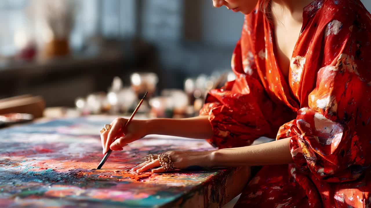 A Creative Journey: A Passionate Artist in a Vibrant Red Dress Dedicating Time to Painting, Captured in a Beautiful Studio with Colorful Abstract Artwork