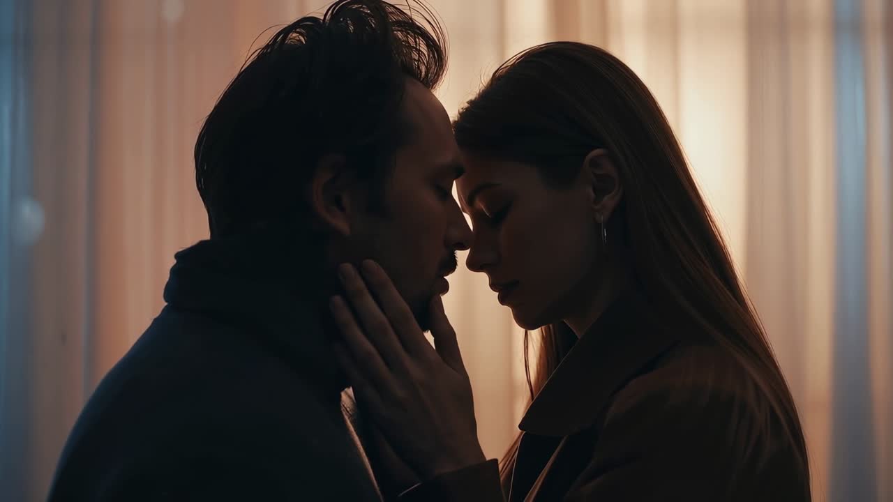 Placing hand on man's cheek, woman wearing coat and hoops seeking closeness near backlit curtain