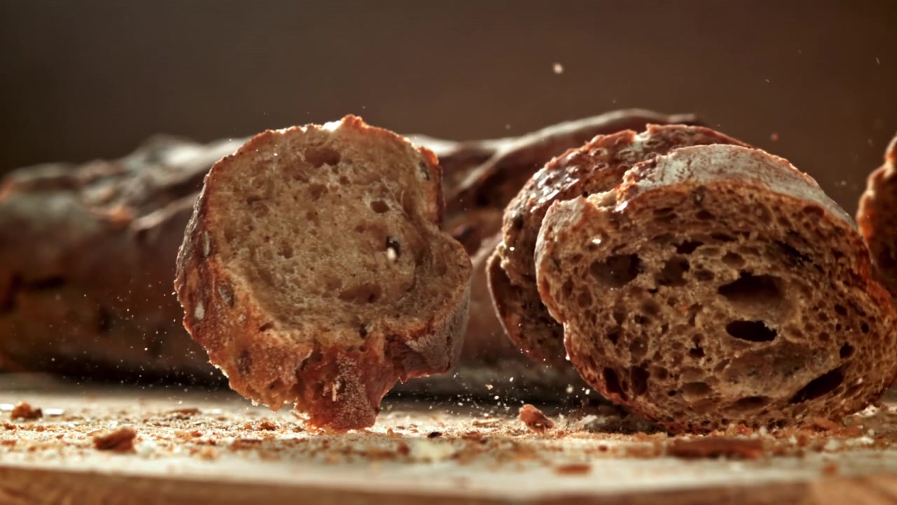 Freshly Baked Baguette Slices Falling in Slow Motion