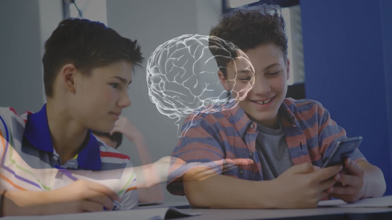 striped teen glancing as hand overlay showing rotating brain in class, plaid teen tapping phone