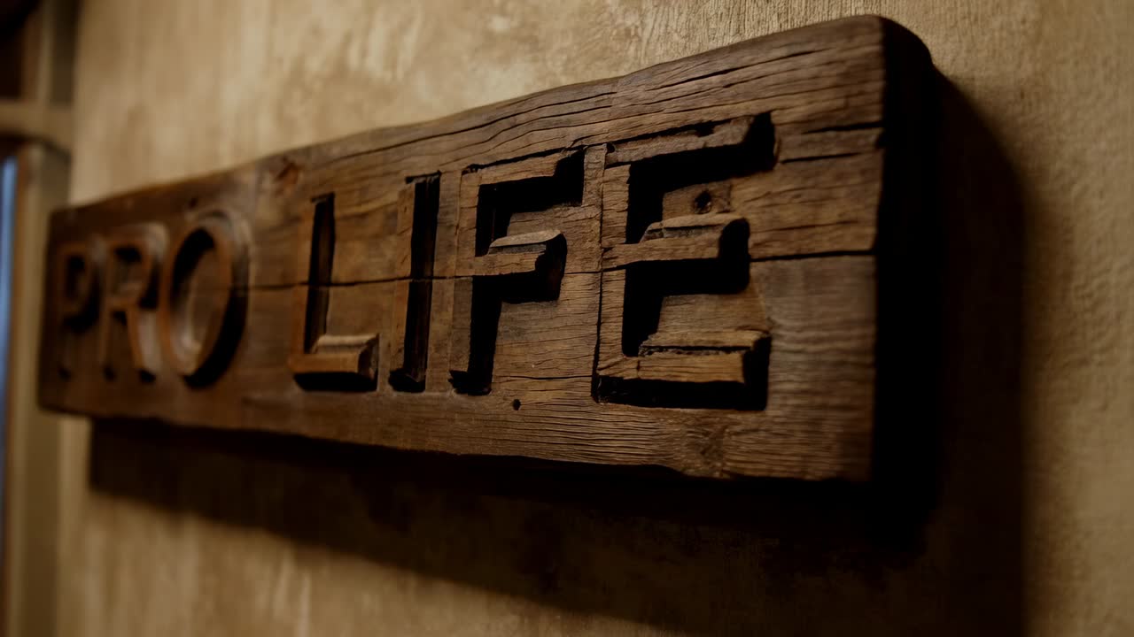 Allontanamento della camera che rivela un cartello di legno intagliato PRO LIFE su una parete in gesso che mostra venature, nodi e chiodi