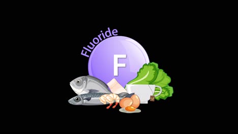 a purple fluoride element icon transitions downward, merging with illustrated food sources like fish, shrimp, and leafy greens, set against a solid black background