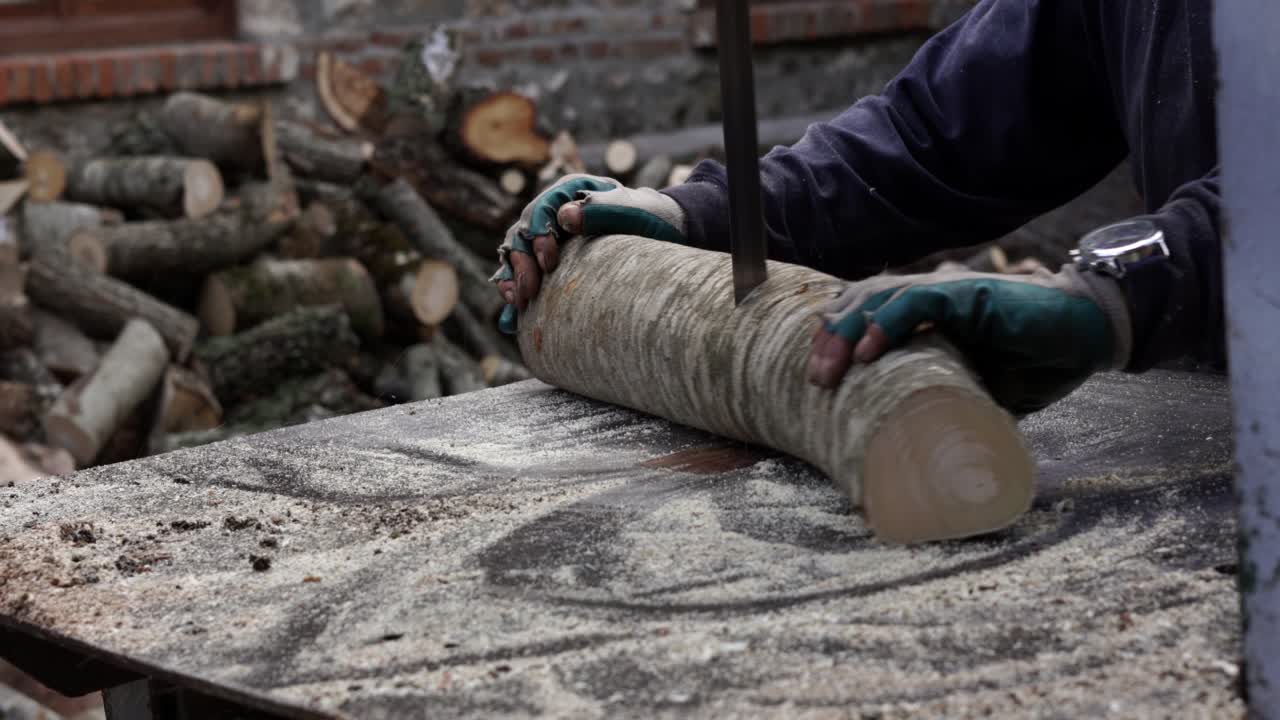 крупный план ветки дерева, разрезанной на три части ленточной пилой