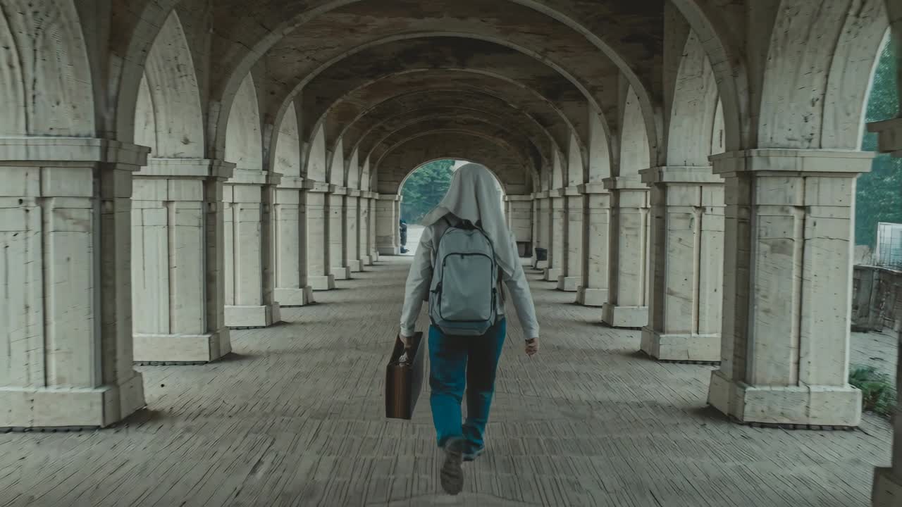 Uomo con felpa con cappuccio e zaino che esce dall'inquadratura, camminando lungo un sentiero ad arco e portando una custodia verso l'uscita.
