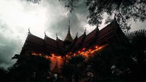 temple exterior at night under cloudy skies