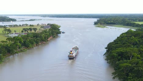 Aerial-river-landscape-with-cargo-ship