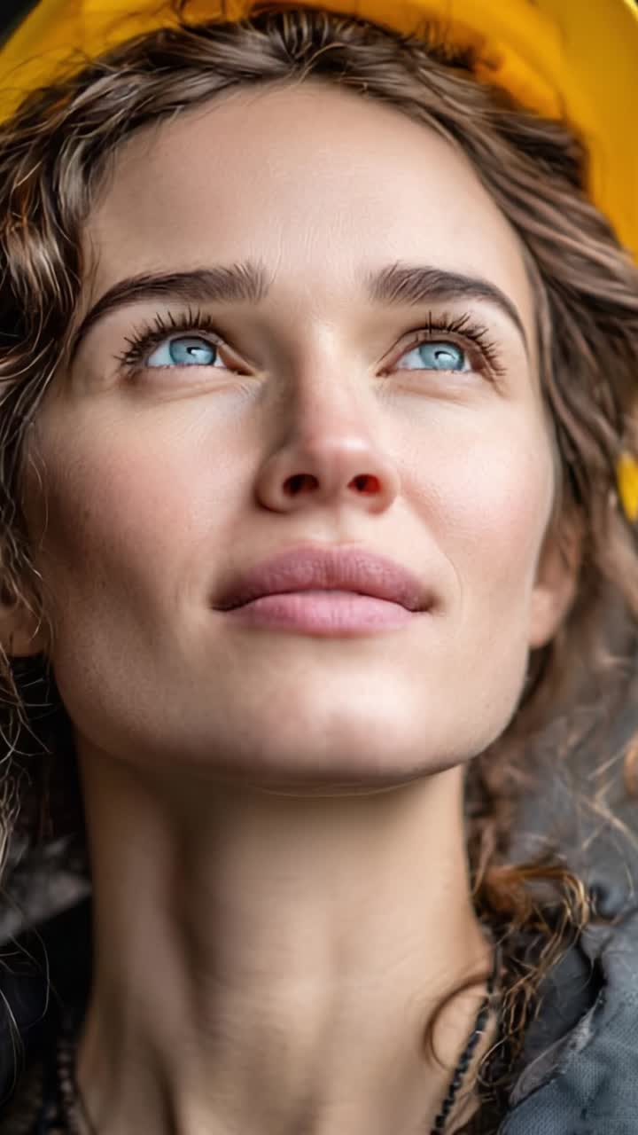 Un ritratto ravvicinato di una donna pensierosa con occhi azzurri sorprendenti e bellezza naturale, che indossa un cappello giallo, che mette in risalto forza e resilienza nei momenti di vita quotidiana