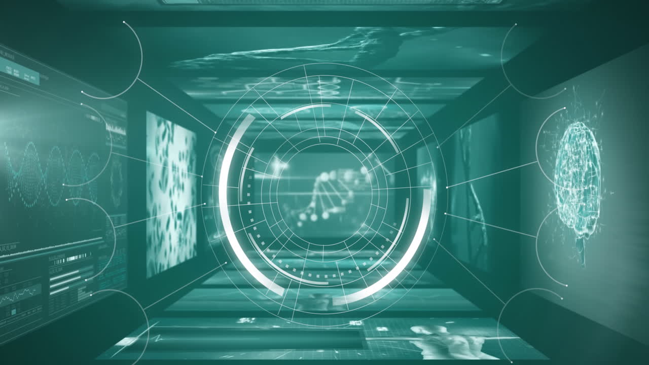 녹색 배경에 의료 데이터 처리와 함께 스크린에 대해 회전하는 둥근 스캐너의 애니메이션