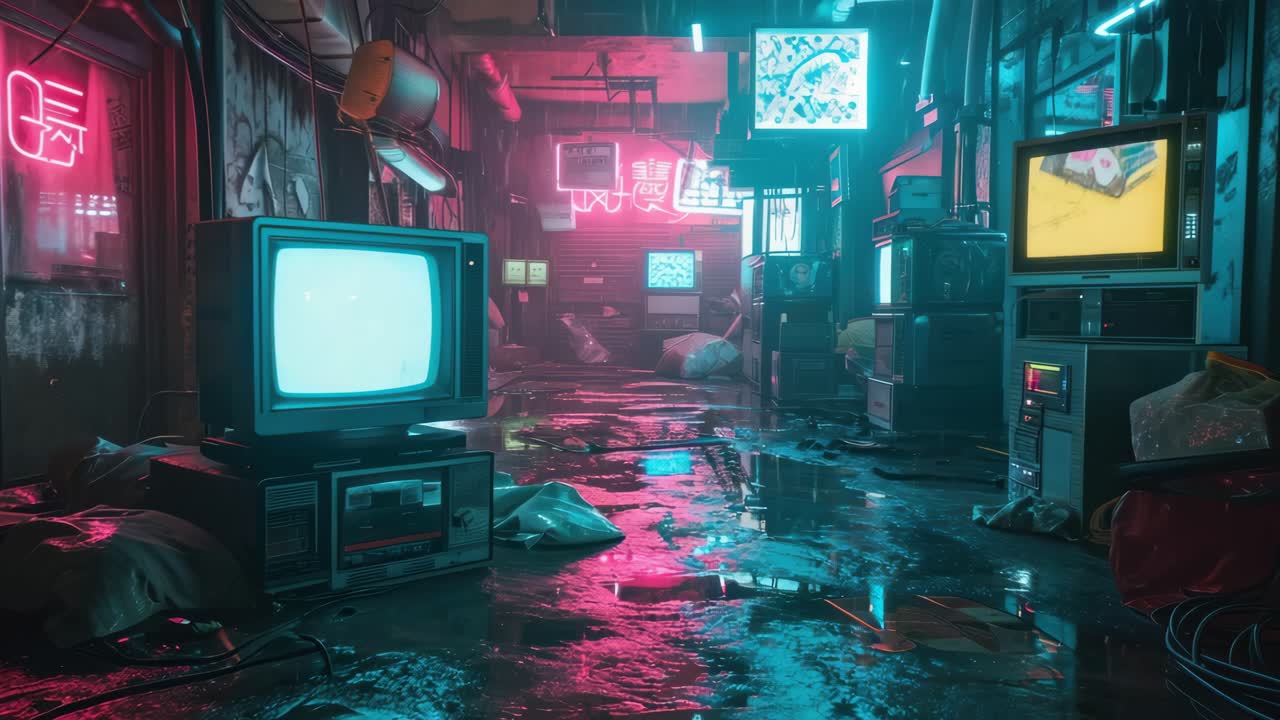 Vicolo cyberpunk con luci al neon e TV retrò, ripreso da un'angolazione bassa