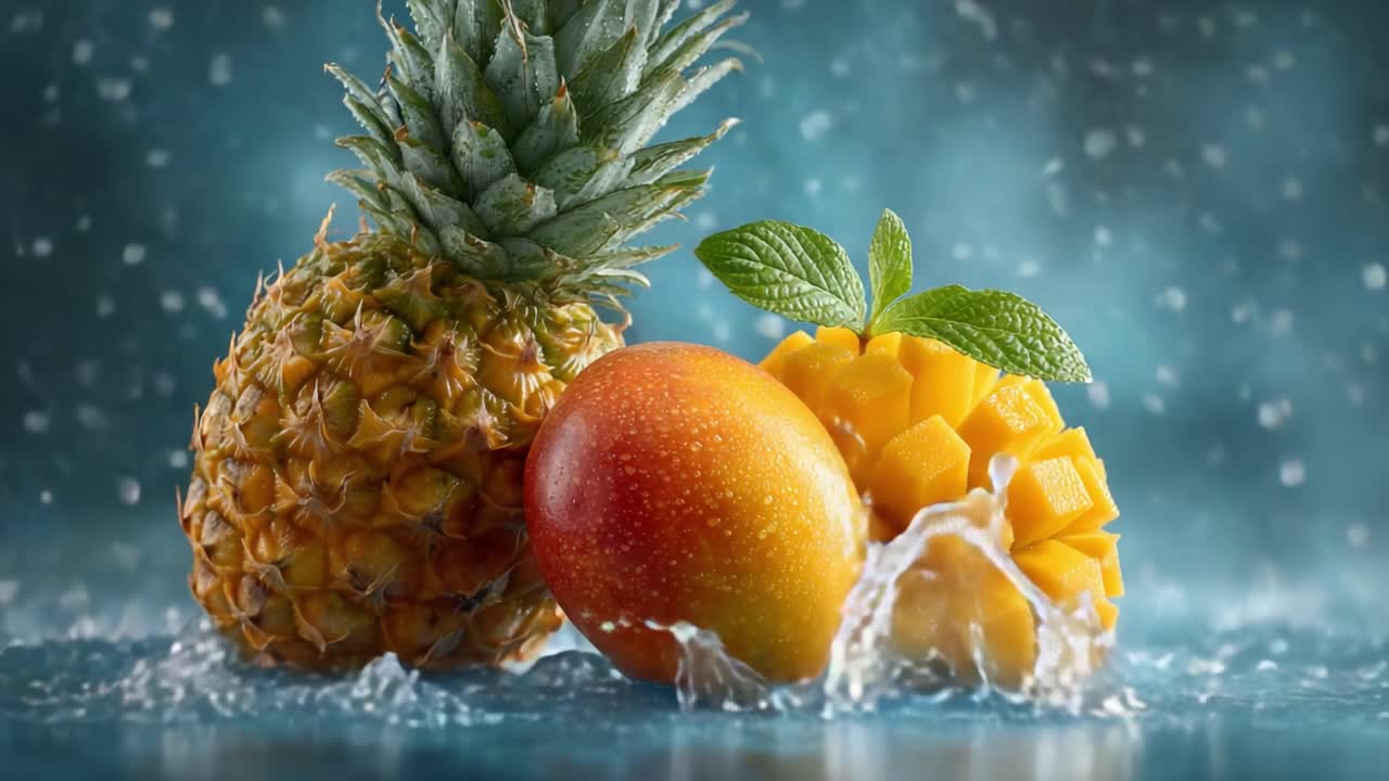 A Vibrant Display of Fresh Tropical Fruits: Pineapple, Mango, and Their Juicy Beauty Captured in a Splashing Scene