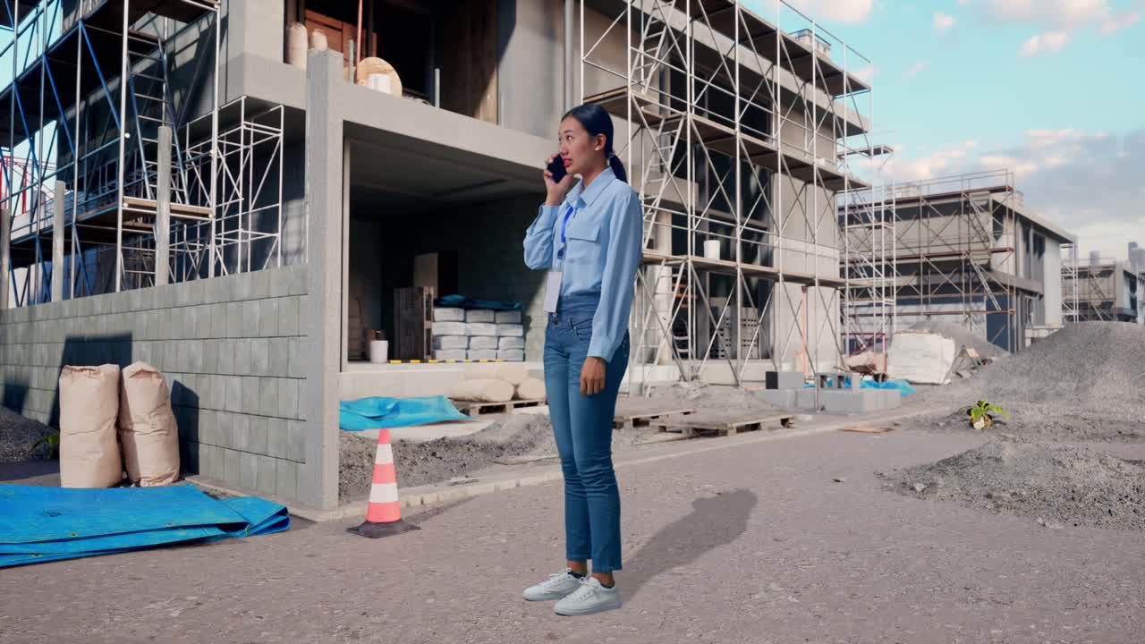 Full Body Side View Of Asian Female At Construction Site in Progress to New House, She Is Speaking With Someone In The Phone