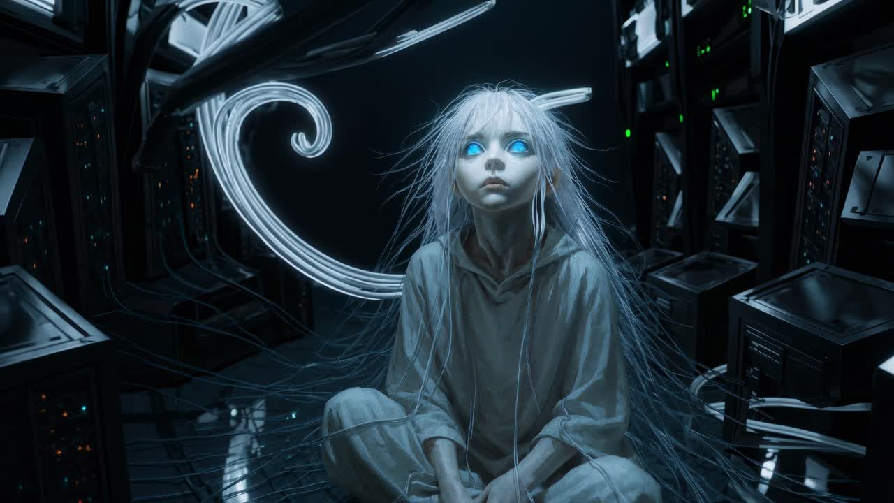 Pale cyborg girl with glowing blue eyes sits on the floor of a dark server room, surrounded by cables and blinking lights, seemingly connecting to the network