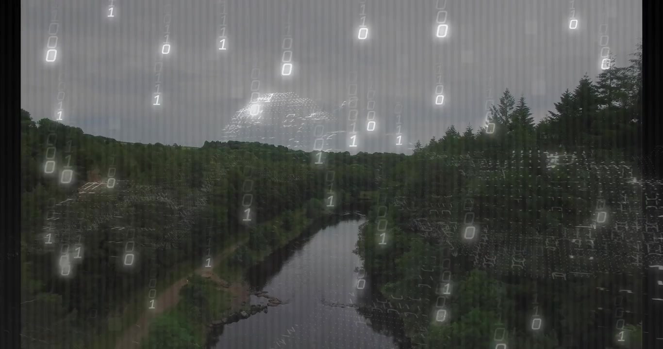 Åbning med udsigt over floden, glødende binære cifre dukker op og kaskaderer, mens der vises dataoverlejring