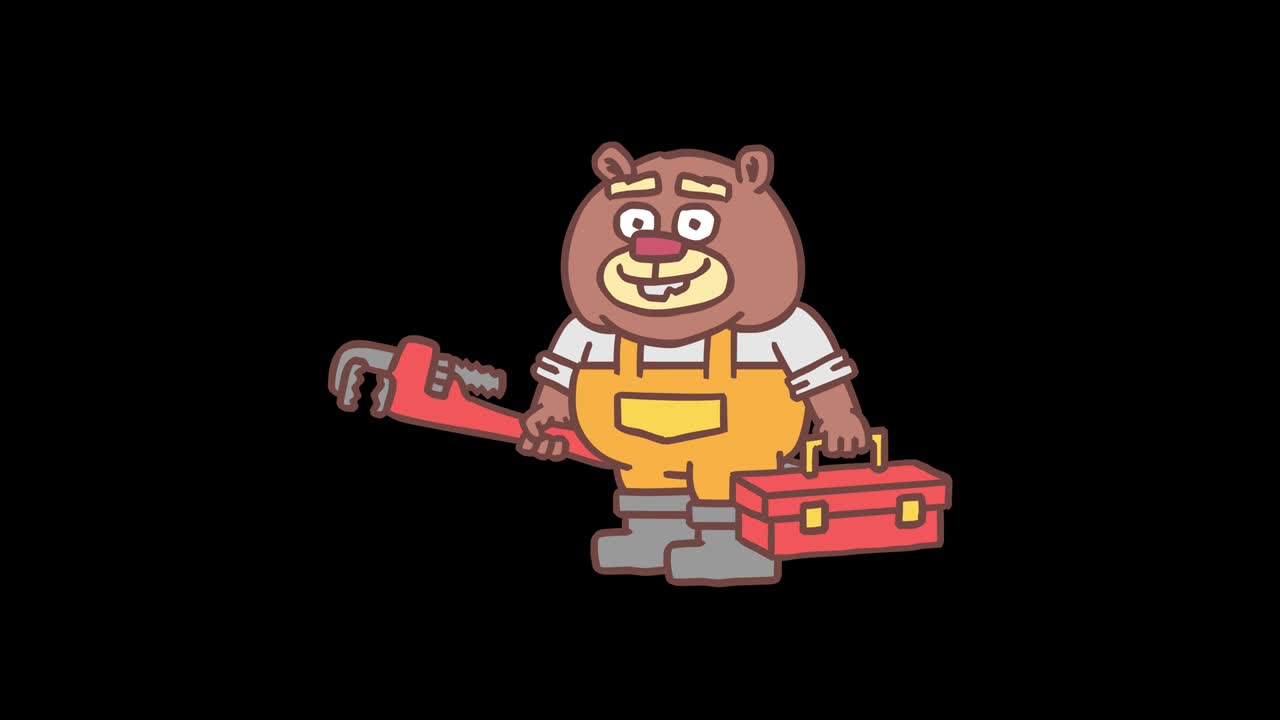 Builder beaver holding pipe wrench holding tool case and smiling. Frame by frame animation. Alpha channel