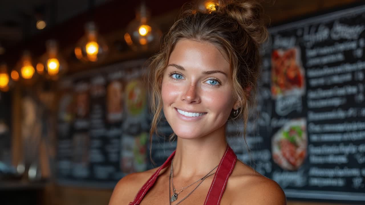 Una donna sorridente e cordiale con occhi vivaci ed un elegante chignon nell'ambiente accogliente di un ristorante, che irradia calore e ospitalità tra i menù