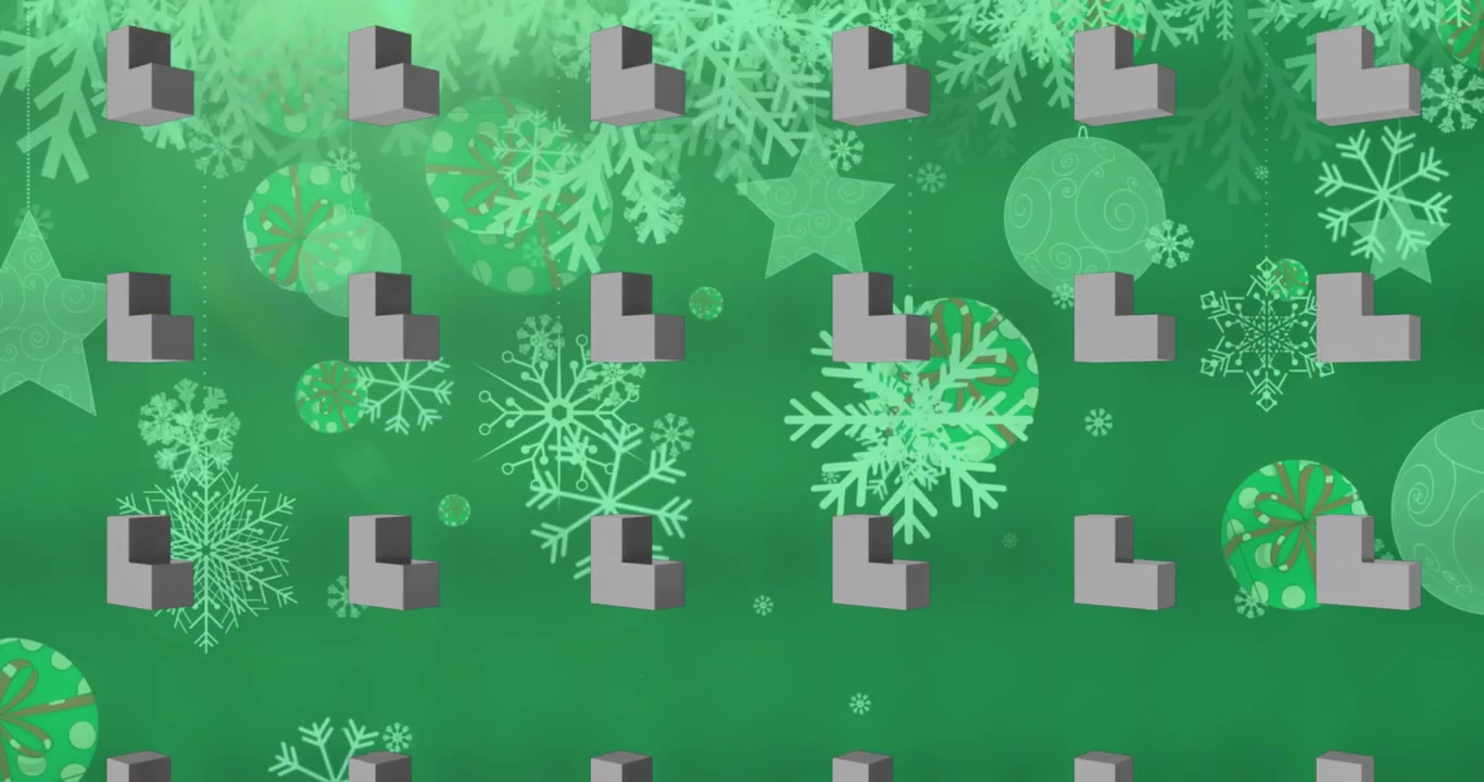 Animation af 3D-former i sømløst mønster over faldende snefnug mod grøn baggrund