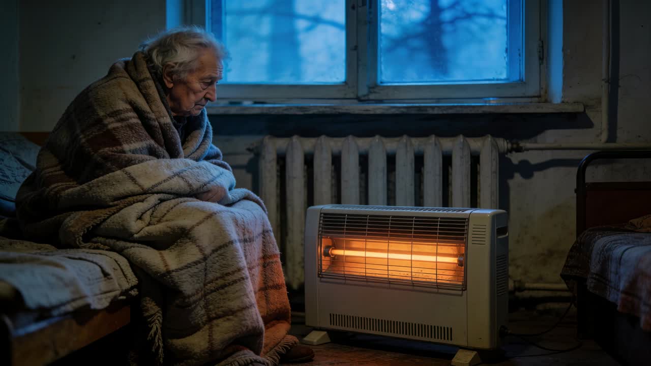 Lumière bleue froide enveloppant un homme âgé dans une couverture vers un radiateur incandescent, cherchant de la chaleur dans une chambre médicalisée.