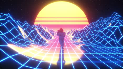 astronaut walking in a retro futuristic landscape