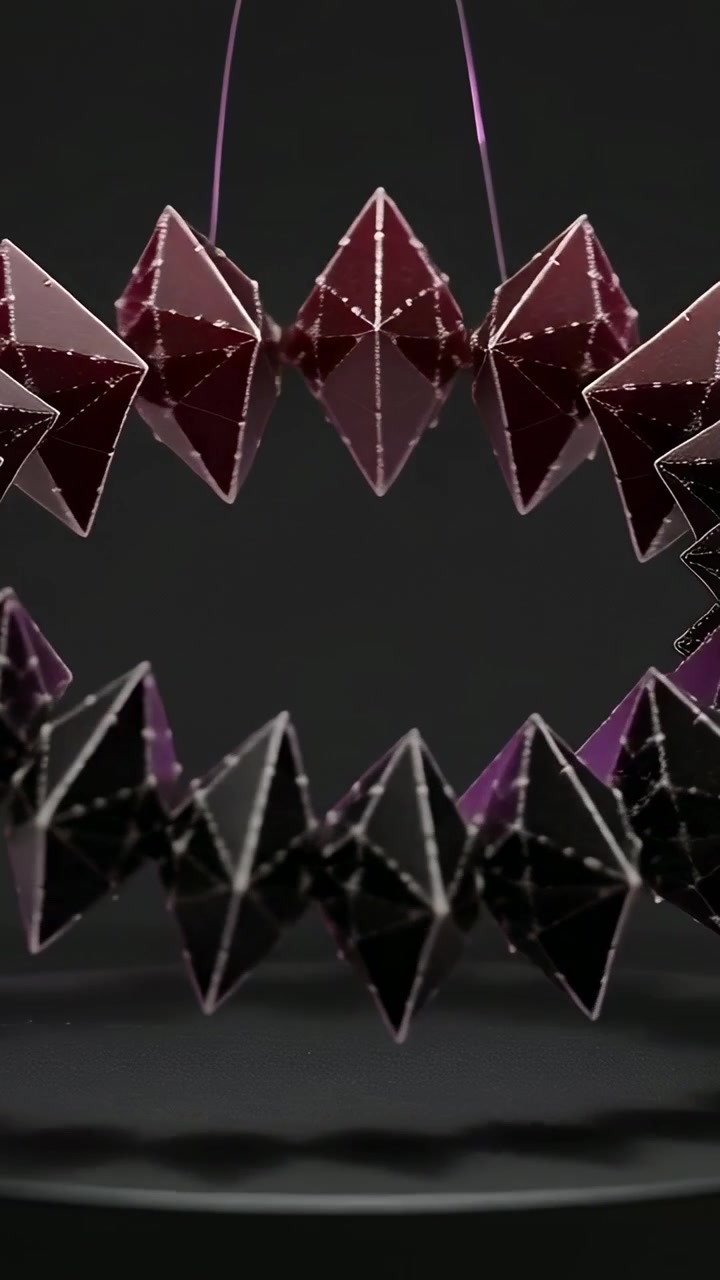 Vertical video: Rotating burgundy-black chains hanging on wires over dish in studio with highlights