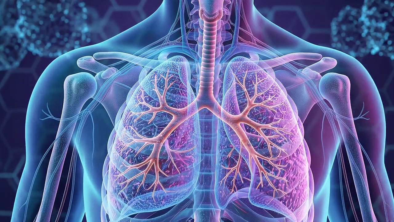 Simulazione wireframe di scansione corporea completa dei sistemi respiratorio e circolatorio umani