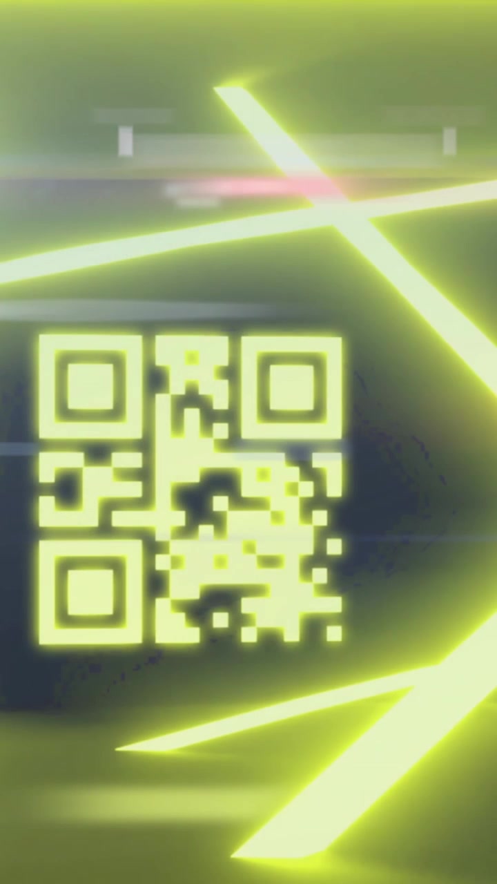 QR code scanner with neon elements against screens of data processing