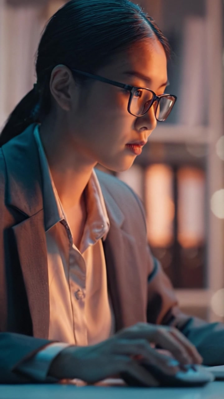 Focused Professional in Glasses Working Late at Night on Computer, Surrounded by Soft Lighting, Creating a Productive Atmosphere for Concentration and Innovation.