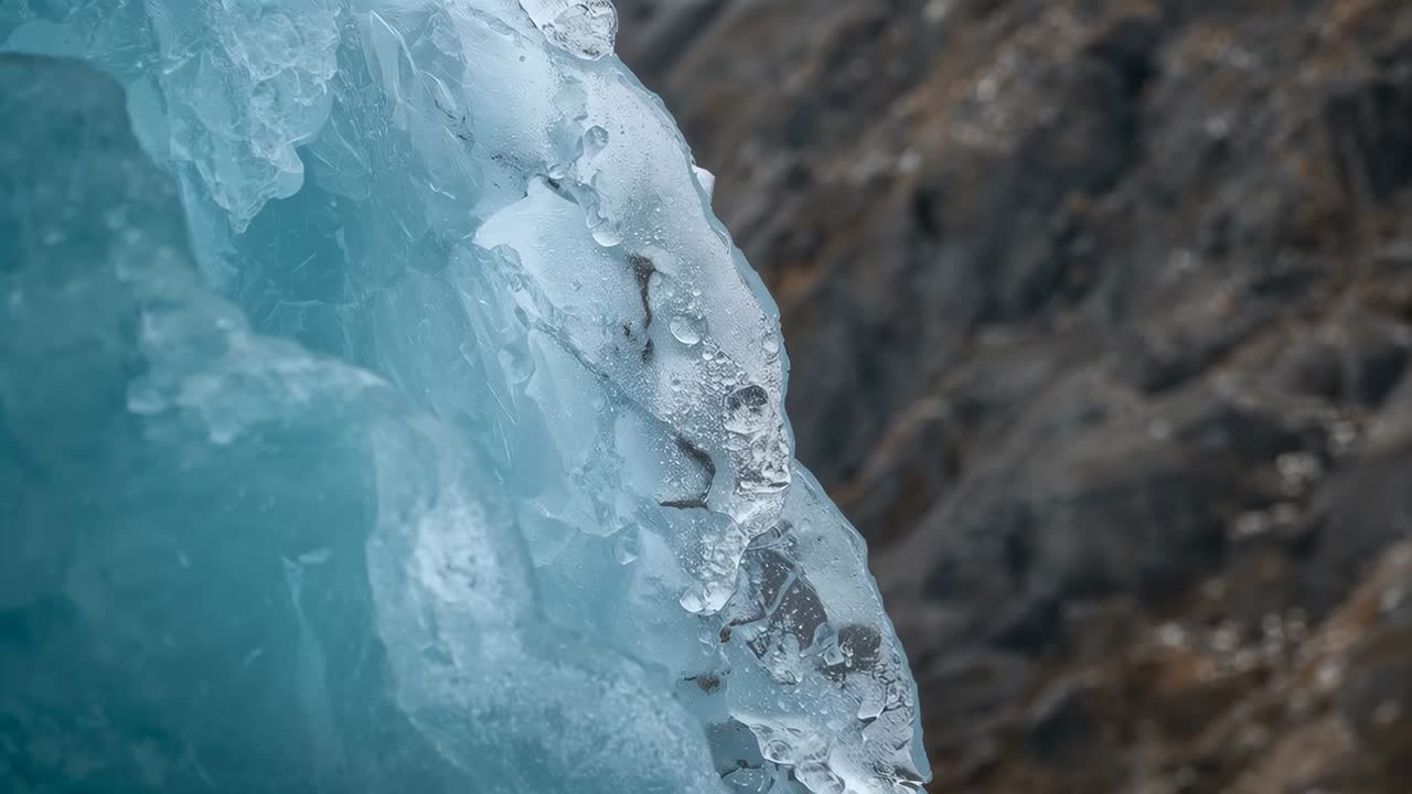 Immagine che mostra lo scioglimento della superficie di un ghiacciaio a seguito dell'aumento della temperatura sul fronte del ghiacciaio, con goccioline di acqua di fusione