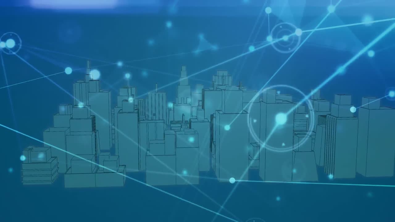 Animation of illuminated connected dots and 3d model of cityscape over blue background