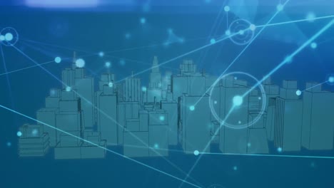 animation of illuminated connected dots and 3d model of cityscape over blue background