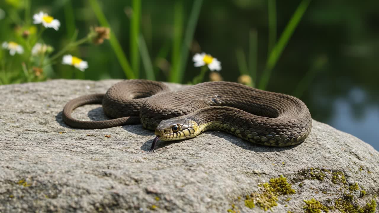 A graceful snake basking on a sunlit rock surrounded by lush greenery and delicate flowers, showcasing its intricate patterns and vibrant colors in a natural habitat