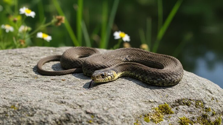 Un elegante serpente che si crogiola su una roccia illuminata dal sole, circondato da una vegetazione lussureggiante e fiori delicati, che mette in mostra i suoi intricati motivi e colori vivaci in un habitat naturale
