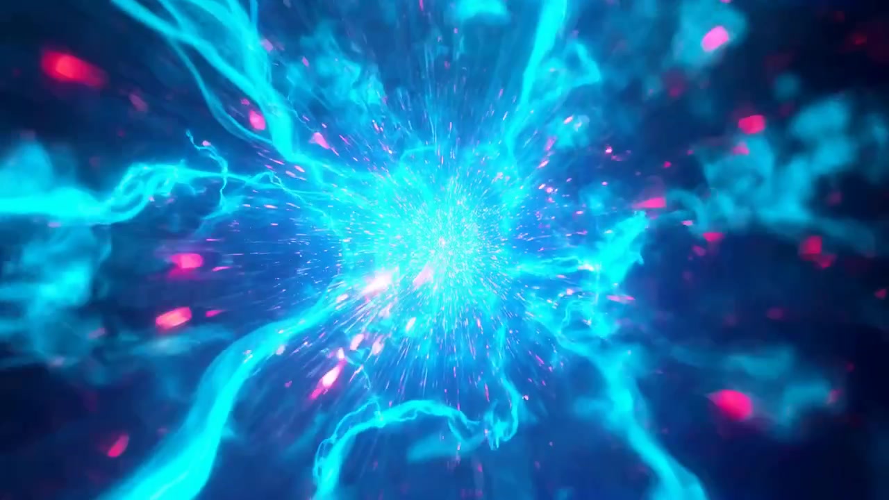 Zooming camera revealing glowing nucleus pulsing, ejecting magenta sparks in void, teal tendrils