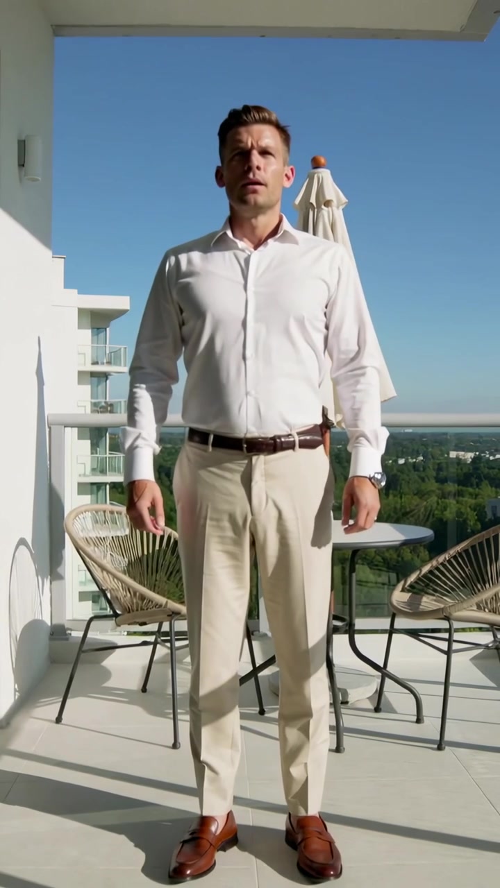 Video verticale: Uomo in camicia che apre una porta, cammina sul balcone, si ferma e osserva il panorama vicino a un tavolo.