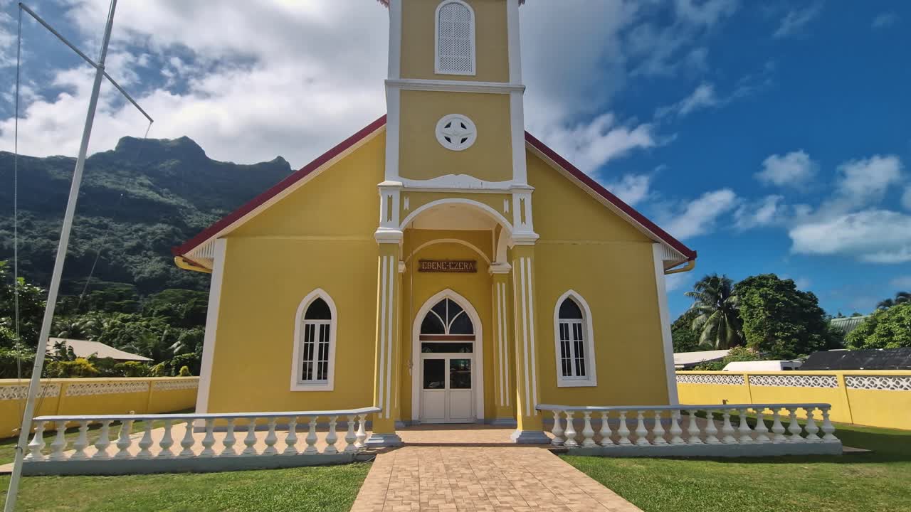 Church of Vaitape, Bora Bora Island, French Polynesia. Exterior and Clock Tower