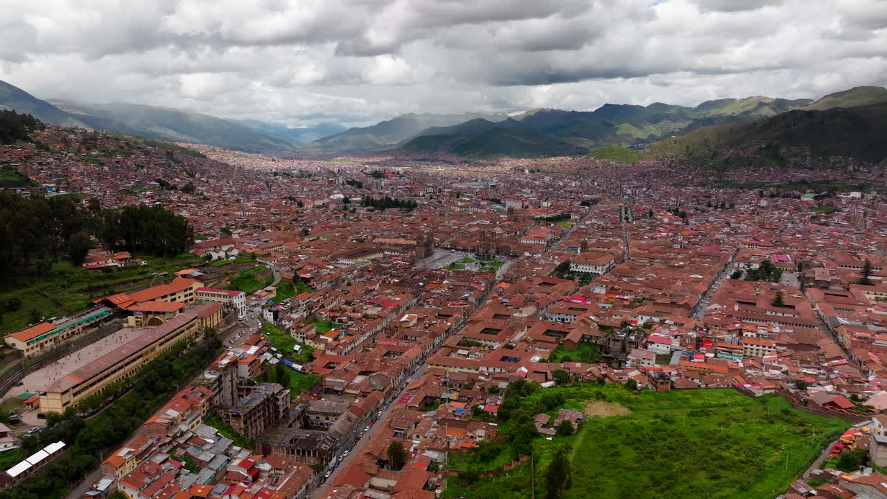 Wide aerial view over populous City of Cusco the Historical Capital in Peru