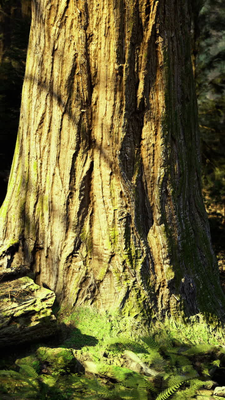 Old tree moss closeup of towering redwood with moss and ferns