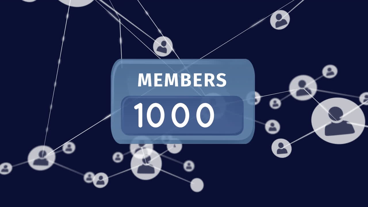 Animation of numbers and members text over network of connections with icons