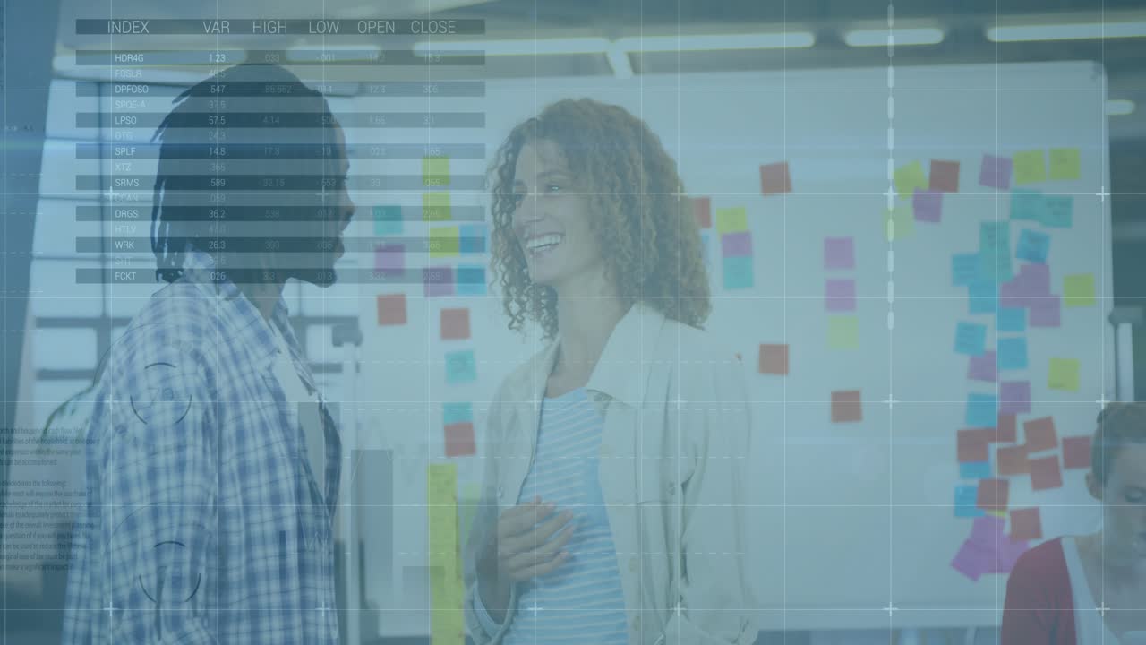 Mid adult man entering business brainstorm greeting woman at board sparking data chart overlay