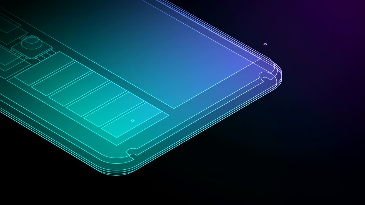 3d 이소메트릭 가상 투명성 쇼 스마트 폰의 내부 분할 부분 이동 회전, 파란색과 보라색 그라디언트 배경에 디지털 기술 개념 디자인, 원활한 루핑 애니메이션 4k